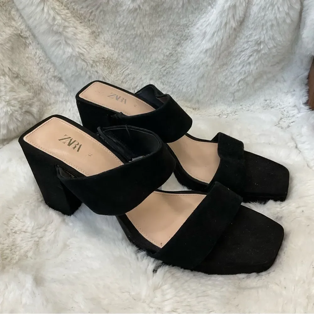 NEW ZARA black suede leather double straps square tie slip on sandals 10